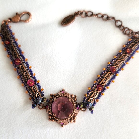 SATELLITE PARIS VINTAGE AMETHYST FACETED GLASS STONE COPPER BRACELET - Picture 1 of 4
